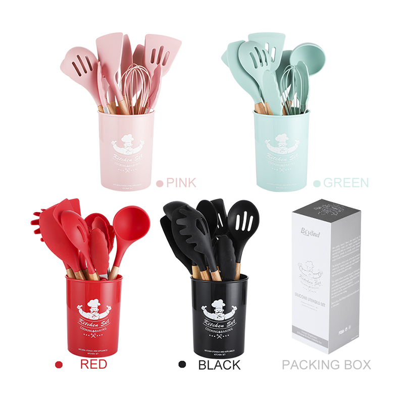 Горячая Распродажа, Высококачественная силиконовая посуда с деревянной ручкой из 12 предметов