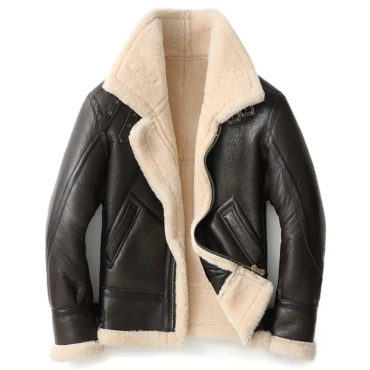 Natural real sheepskin wool men's winter thick coat B3 pilot flight jacket leather jacket motorcycle short sheepskin coat