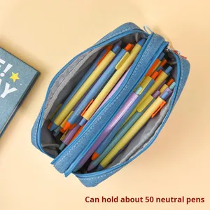Étui à crayons de grande capacité en denim de haute qualité, mignon, avec double fermeture éclair, pour garçons et filles, rangement de papeterie, utilisation scolaire et de bureau - Product Image 3