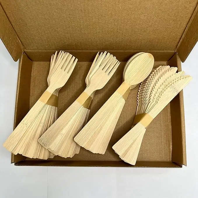 Wholesale disposable bamboo cutlery with knife fork and spoon 17cm western bamboo tableware set
