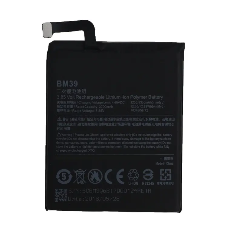 Shenzhen Manufacturer OEM New Internal Battery For Xiaomi Mi 6 Battery Replacement 0 cycle High Quality BM39 3250mah