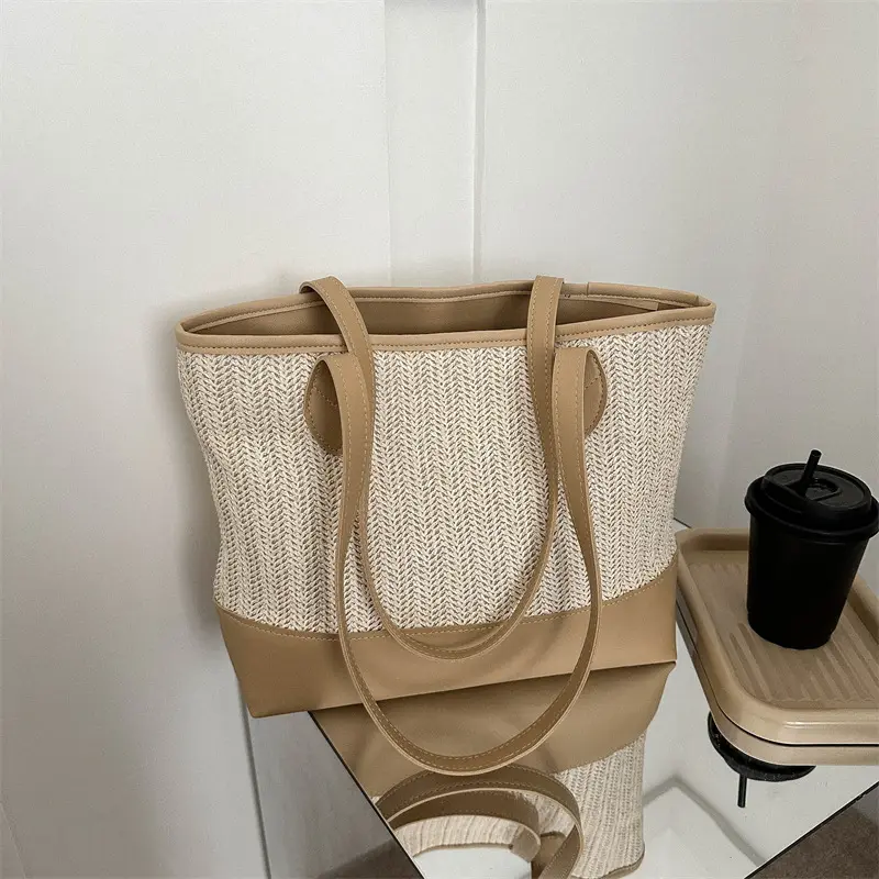 MU Chic Trendy Large Straw Leather Handbag for Women Fashionable Beach Bag for Travel and Shopping for Girls