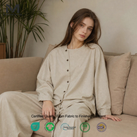 Ensemble pyjama asymétrique en coton minimaliste pour femme, haut à manches longues avec boutons diagonaux, pantalon large, à porter à l'extérieur SOFT18