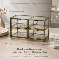 Boîte de rangement pour bijoux en verre transparent faite à la main, cadre en laiton, quatre tiroirs, étui de rangement pour maquillage, fournisseur en gros, présentoir