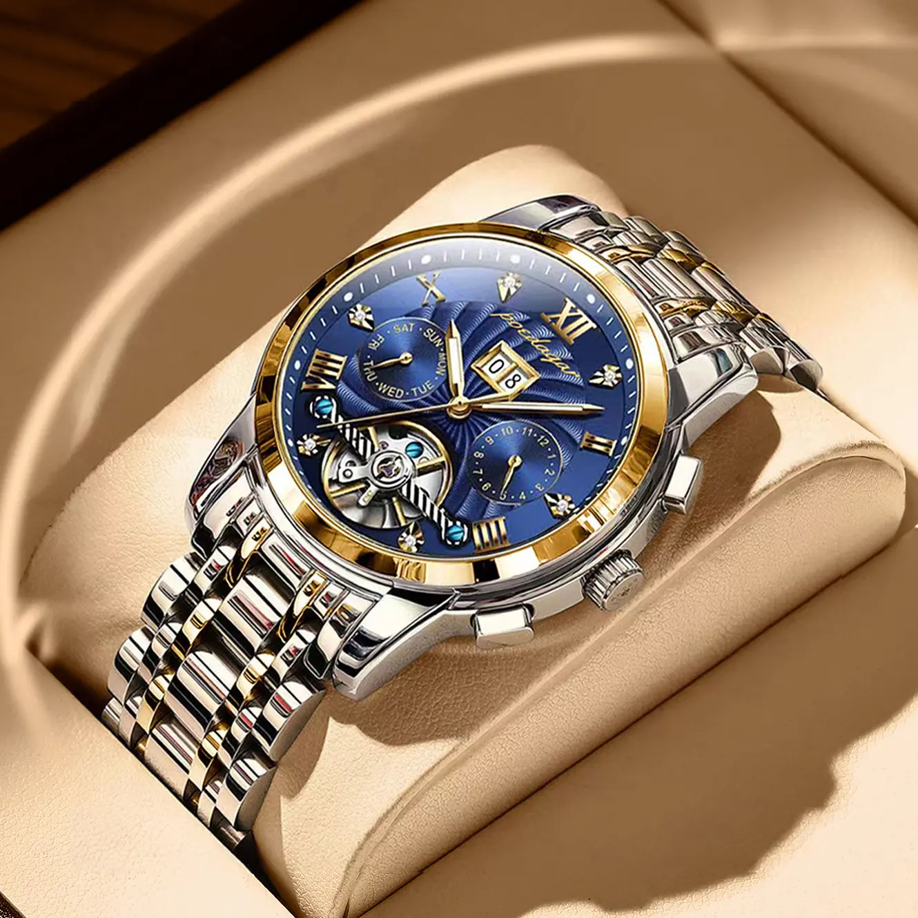 Poedager นาฬิกาผู้ชายสำหรับธุรกิจหรูหราแบรนด์สแตนเลสนาฬิกากลไกอัตโนมัติสำหรับผู้ชาย