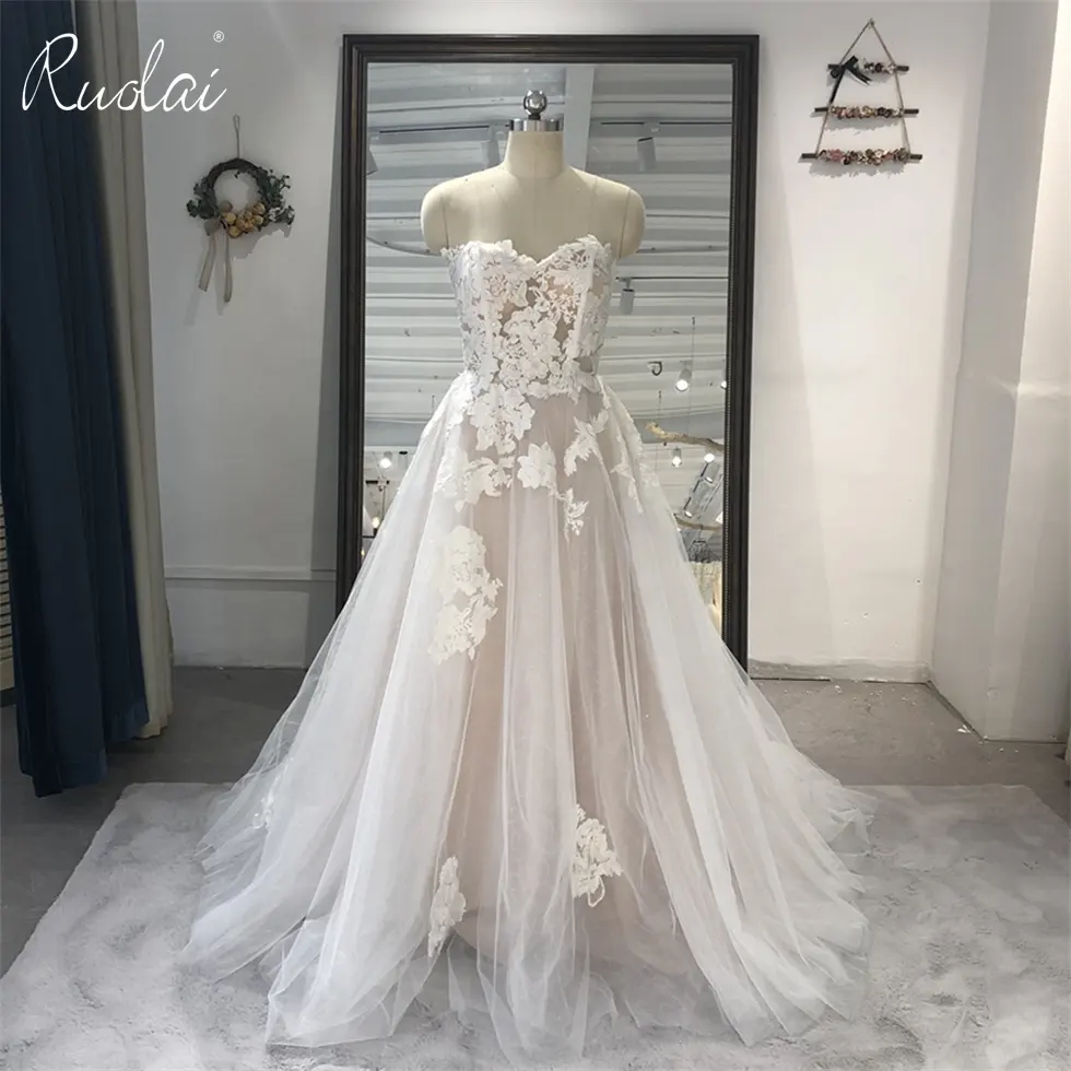 Ruolai QW01680 אונליין 3D פרחים מתוק סטרפלס חרוזים Applique תחרה עד חצי חזרה כלה שמלות כלה שמלה