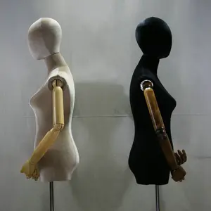 半身木制人体模型躯干带手臂人体模特头和躯干的天鹅绒人体模特连衣裙形式