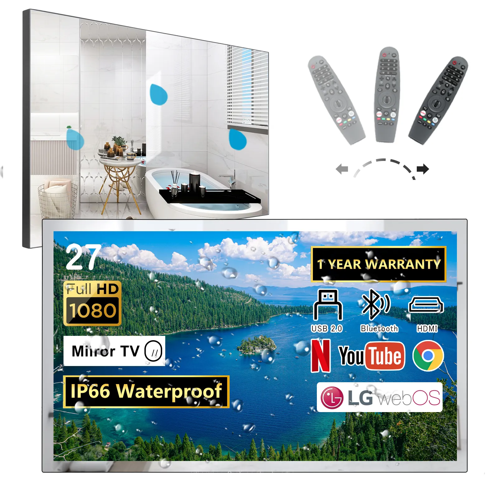 27Inch L G Webo 'S Slimme Spiegel Tv Voor Badkamer (Tuner-Vrij) Met Freeview Spelen, En Alexa Ingebouwd, Met Magische Afstandsbediening, Bluetooth