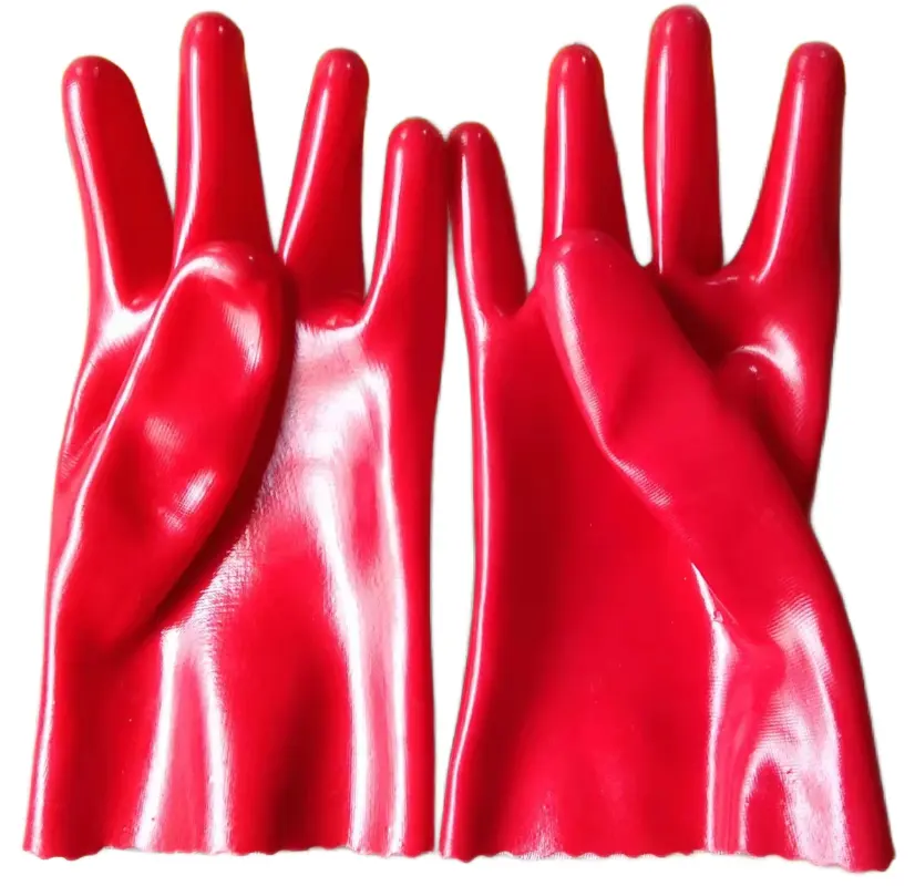 10-18 pouces à manches longues rouge pleine immersion PVC enduit gants de travail industriel doublure en polyester gants résistant à l'huile et aux produits chimiques