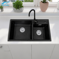 Évier de cuisine double carré moderne fait main certifié CE avec robinet et égouttoir en pierre composite de quartz noire – Vente en gros
