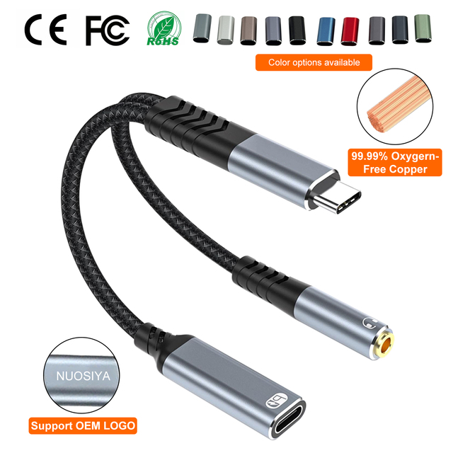 Factory OEM 2 in 1 Audio Splitter USB C to 3.5MM Jack Earphone Audio Aux Cable Type C Audio Adapter for Samsung Phone
