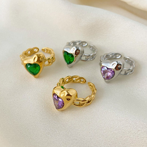 Hip Hop Contrast viola verde a forma di cuore anello in rilievo gioielli in acciaio inossidabile placcato martello modello anello a catena in oro per le donne - Product Image 2