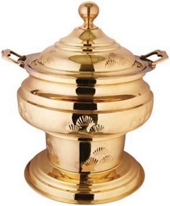 Recipiente circular dorado para calentar comida con tapa y asas para exhibiciones de buffet - Product Image 1