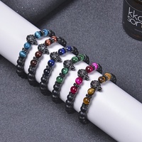 Bracelet extensible pour homme avec tête de loup perlée, breloque en cuivre, œil de tigre naturel et pierre onyx mate – Bijou masculin tendance, cadeau idéal