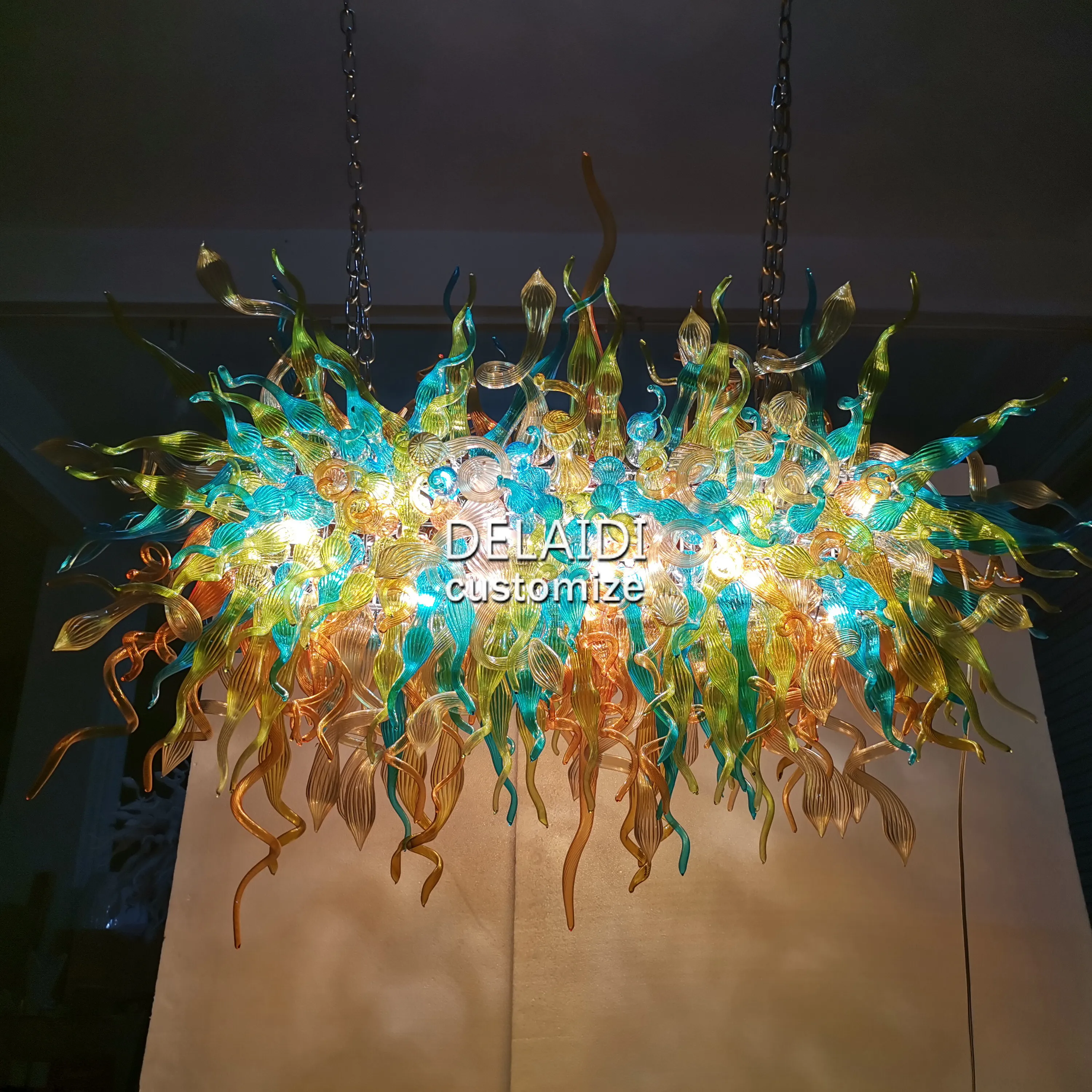 Lámparas de araña para sala de estar, lámpara colgante de araña de vidrio soplado personalizada rectangular, lámparas decorativas Chihuly