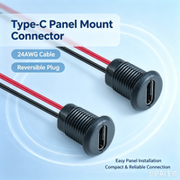 Connecteur femelle Type-C à montage sur panneau LN-006 avec câble fileté Type-C rouge et noir 24AWG pour la charge d'équipements