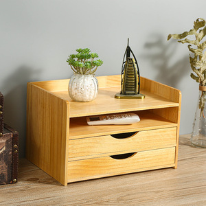 Desktop <b>Storage</b> <b>Box</b> Double Layer Drawer Solid Wood Natural Color With Partitions For <b>Documents</b> And Miscellaneous Items - Product Image 3