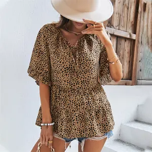 Summer Sexy Ladies Short Sleeve Tops Ruffle Sleeve Tie Shirt Leopard Print Designer Blouse for Women