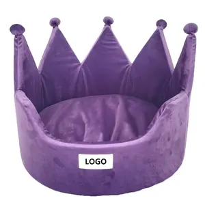 Unique Cuddly Micro Plush Purple Queen King Crown Shape Warm Velvet Dog Bed