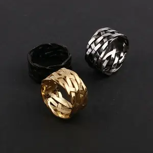 Wide Braided Interlaced Hollow Out Design Vintage Retro Stainless Steel Jewelry Accessaries Woven Gold Plated Ring for Men