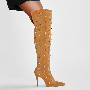 Bottes d'hiver à bout pointu, bottes au-dessus du genou en faux daim à carreaux, talon aiguille haut, bottes sexy pour femmes, bottes hautes à effet froissé - Product Image 1
