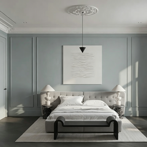Résidence française minimaliste gris neutre avec roseau de plafond en plâtre sur mesure, cheminée en marbre, et aménagement LDK ouvert avec grandes fenêtres - Product Image 4