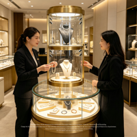Vitrine rotative ronde en métal doré pour bijoux, présentoir en verre verrouillable à 3 niveaux avec éclairage LED pour la vente au détail de bijoux et de montres