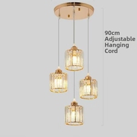 Lustre moderne nordique à 4 lumières en cristal, hauteur réglable, base dorée, avec LED pour hôtel, salle à manger, bar, îlot de cuisine