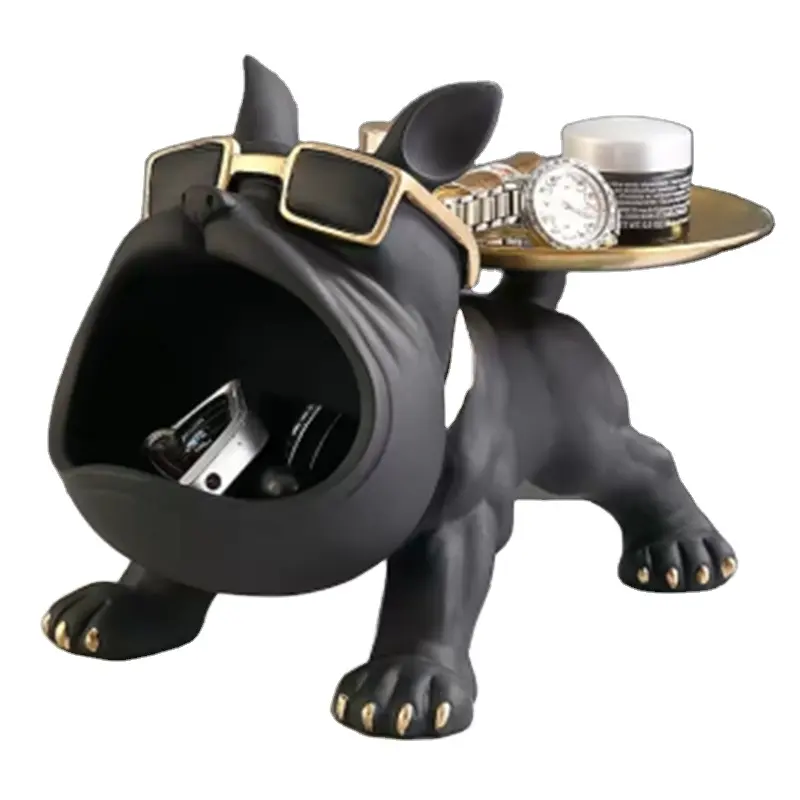 2023 dekorasi Nordic patung anjing mulut besar Perancis Bulldog Butler dengan nampan logam dekorasi meja penyimpanan nampan patung