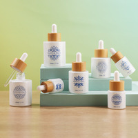 Logo personnalisé couleur sérum de soin de la peau flacon compte-gouttes recyclable en verre contenant givré avec couvercle blanc et bambou huile essentielle