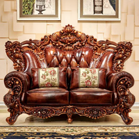 Canapé en cuir de style européen sculpté en bois massif Canapé de luxe en cuir véritable sculpté Ensemble de canapés royaux antiques