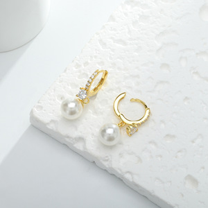 Pendientes de Aro Modernos con Perlas y Circonitas en Plata S925, Diseño Nuevo, <span class=keywords><strong>para</strong></span> Mujer - Product Image 4