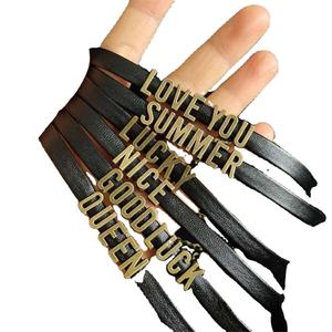 <span class=keywords><strong>Collar</strong></span> Gargantilla Hecho a Mano de Moda, Joyería para Mujer, Gargantilla de Cuero Negro Genuino con Letras de Acero Inoxidable, Palabra Personalizada - Product Image 1
