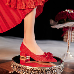 <b>Red</b> Satin Pointed Toe Kitten Heel Bridal Shoes With Flower Decoration Slip-On Wedding Party <b>Pumps</b> Med Heel 3cm 5cm - Product Image 1