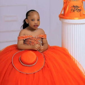 Abiti da festa per ragazze in tulle arancione, abiti da ballo personalizzati con cristalli, abito da damigella per <span class=keywords><strong>matrimonio</strong></span>, abito da concorso per bambini - Product Image 6