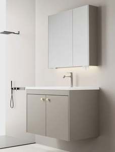 Meuble de salle de bain minimaliste en bois massif, vasque simple avec armoire à pharmacie - Product Image 3