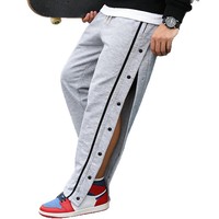 Celana Panjang Pria Putih Kancing Samping Dengan Garis Vertikal Bahan Polyester Bernapas Gaya Kasual Streetwear Hip Hop Untuk Aktivitas Luar Ruangan