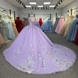 Robe de bal de Quinceañera classique pour filles, col montant, violette, avec broderies appliquées et fleurs en organza, modèle 6964 - Product Image 3