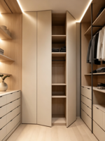 Système de dressing en U XINGRUO, armoire ouverte moderne avec étagères flottantes LED et tiroirs pour dressing minimaliste