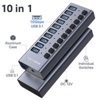 Hub USB alimenté 10 ports 10 Gbit/s USB 3.2 Gen2 avec interrupteurs individuels, adaptateur secteur 48W, station d'accueil en aluminium – En stock