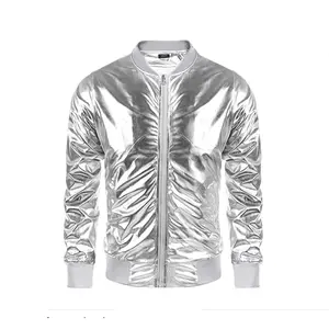 2020 Fashionable Men's Metallic Nightclub Jacket Slim Fit Zip Up Varsity Baseball Bomber Jacket Shiny Colors Hip Hop Jacket