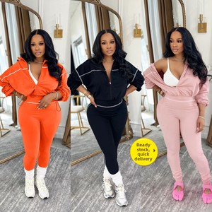 Conjunto Deportivo Casual de Moda para <span class=keywords><strong>Mujer</strong></span>, Primavera-Otoño, Color Sólido, Sudadera de Manga Larga con Cierre y Leggings, Dos Piezas, Estiliza la Figura - Product Image 2