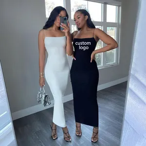 Auf Lager Frauen Ärmelloses einfarbiges sexy Maxi Bodycon Slip Lässiges langes Sommerkleid