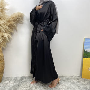 Satén grueso nuevo frente abierto Abaya con bolsillos laterales mujeres negro <span class=keywords><strong>corona</strong></span> moda encaje Abayas cárdigan Eid 2024 - Product Image 4