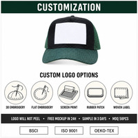 Casquette Trucker personnalisée 5 panneaux, noire à l'avant, dos en maille vert chasseur, visière incurvée, patch vierge, snapback unisexe, vente en gros, OEM, faible MOQ