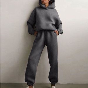 Ensemble de survêtement décontracté 2 pièces pour femme en maille courte, chaud, avec sweat à capuche et pantalon de jogging, idéal printemps, automne, hiver, avec logo frontal - Product Image 3