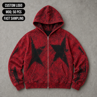 Sweat-shirt à capuche zippé pour homme, rouge délavé, avec logo personnalisé, style vintage grunge usé, fabricant OEM, vente en gros