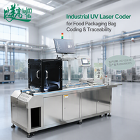 Marqueur laser UV industriel à alimentation automatique, avec unité intégrée de contrôle et de rejet par vision pour le codage et la traçabilité des emballages alimentaires
