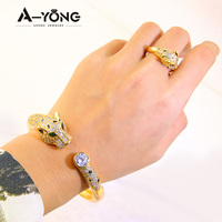 Ensemble de bijoux en zircon en forme de panthère très vendu, bracelet et bague plaqués or pour femmes, bracelet tête de léopard