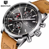 Montre de luxe pour homme Benyar 5102 avec boîte, montre étanche tendance pour homme avec chronographe, date, aiguilles lumineuses, montre-bracelet pour homme